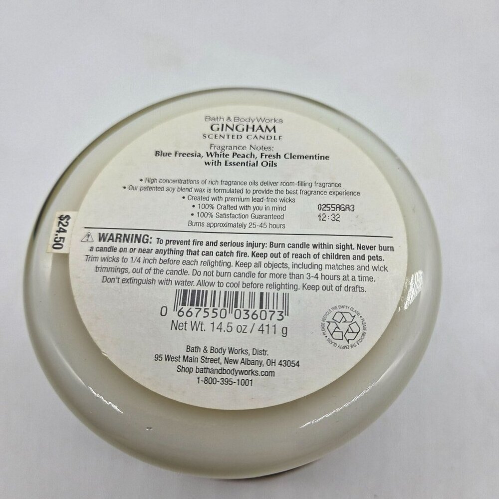 gingham Scented 3-Wick Candle by Bath & Body Works NEW White/Blue - Picture 2 of 2